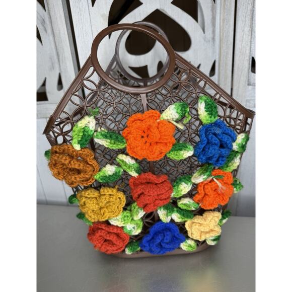 Vintage Bag Tote Crochet Flower Basket Design Sewing 60s/70s Hippie - Picture 1 of 9